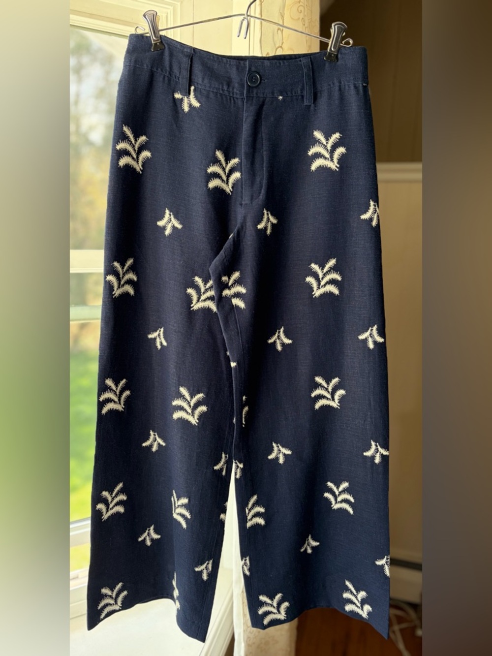 Elie Tahari Navy Embroidered Linen Blend Wide Leg Pants Summer Vacation Sz S